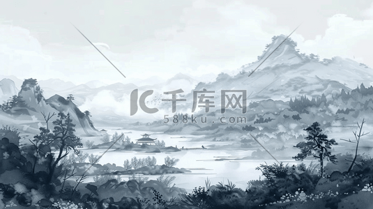 中式国风国画艺术风格山水风光的插画