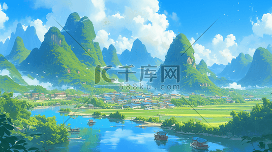 美丽山村山水风景优美的插画