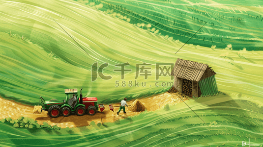 农用工具插画图片_田野里开农用机工作的农民插画