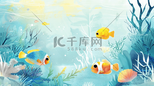 吃食的小鱼插画图片_绘画海底世界水草海藻小鱼的插画