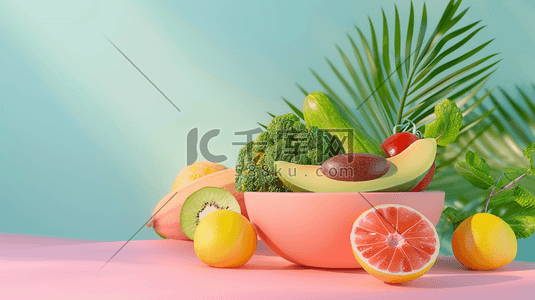 新鲜水果绿色插画图片_粉红底色上的夏日新鲜蔬果插画
