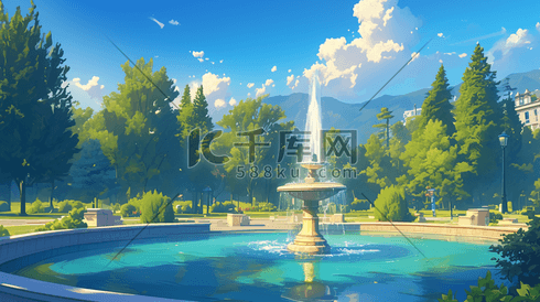 夏季蓝天白云下景区公园喷泉的插画