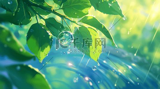 水珠掉下来gif插画图片_阳光下照射树叶上水珠的插画