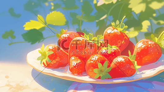 红色的筷子插画图片_绘画红色水果草莓树叶的插画