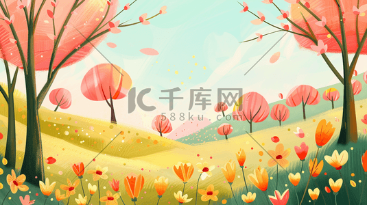 春天彩色花卉插画图片_春日鲜花盛开的景象插画