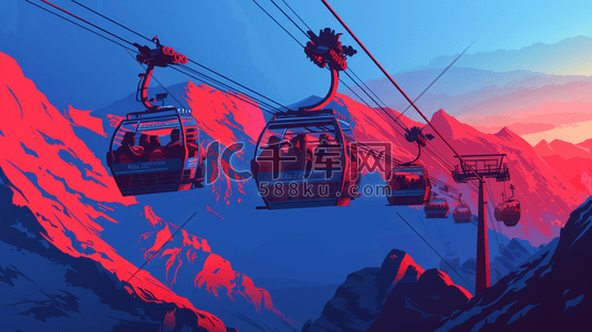 满载旅客的高山中的缆车插画
