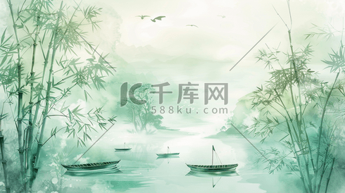 中式国画艺术风格竹林小船的插画