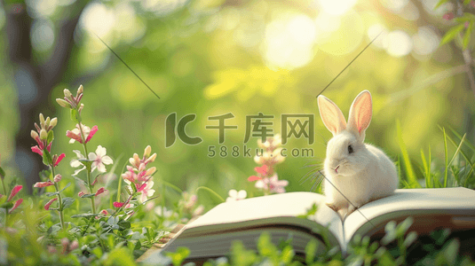 唯美清新草坪上书本兔子的插画