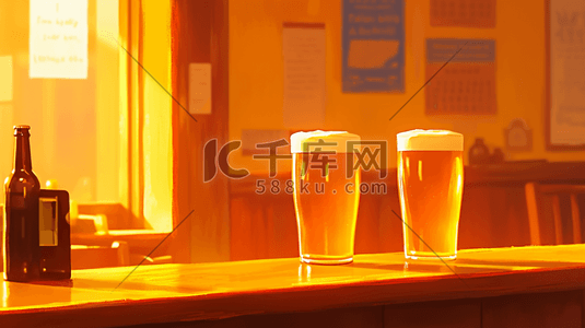 室内酒吧桌面上啤酒的插画