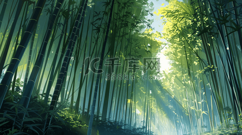 绿色深林竹林竹子阳光照射的插画