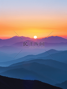 蓝色的光插画图片_山脉上平静的日落