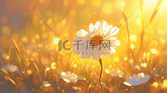 野外唯美阳光照射下花朵草丛的插画