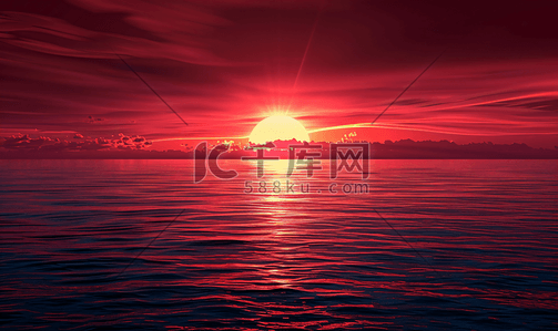 天空多云插画图片_海洋中平静的红色日落