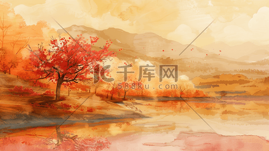新中式地产展板插画图片_中式国风国画艺术风格山水风光的插画