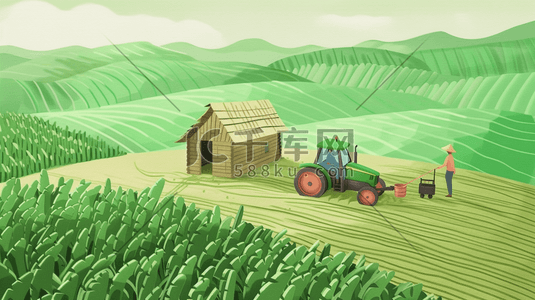 现代化农业插画图片_田野里开农用机工作的农民插画