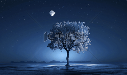 午夜的月亮插画图片_月光夜背景中的树