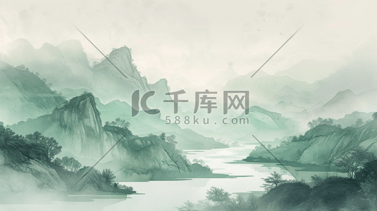 绘画中式国画艺术风格山水风光的插画