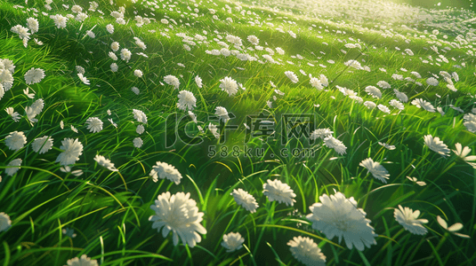 白色衬底插画图片_青青草原上盛开的白色小花插画