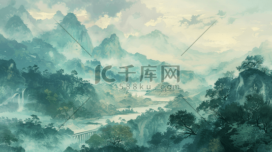 山水风景国画山水插画图片中式国风国画艺术风格山水风光的插画