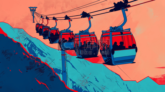 满载旅客的高山中的缆车插画