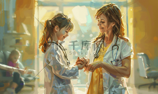 女儿和母亲插画图片_小女孩和妈妈一起看医生