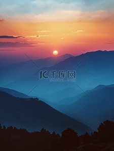 蓝色颜色插画图片_山脉上平静的日落
