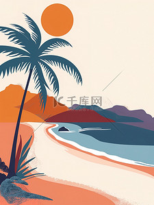 夏天滨海沙滩度假插画海报