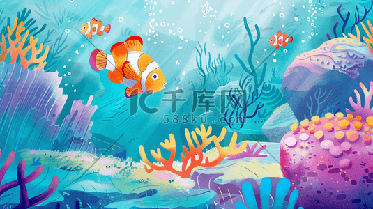 泰国海藻插画图片_绘画海底世界水草海藻小鱼的插画