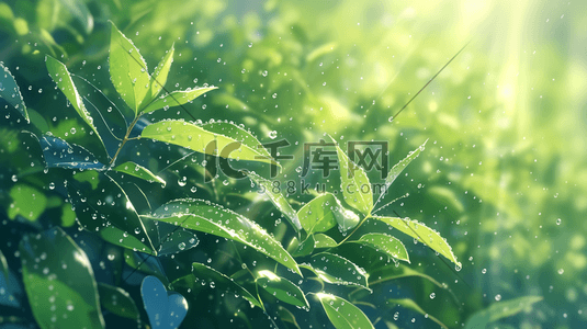 雾气水珠插画图片_阳光下照射树叶上水珠的插画