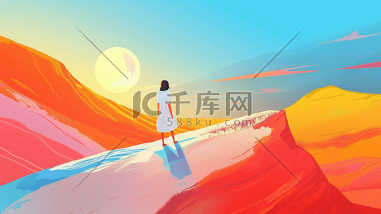 自然亲近插画图片_夏日亲近花草自然的少女插画