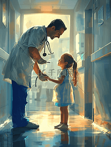 调查研究的插画图片_医院医生给小女孩看病