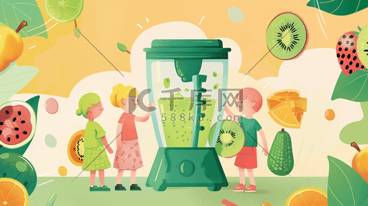 水果汁水插画图片_夏日孩子用榨汁机鲜榨果汁插画