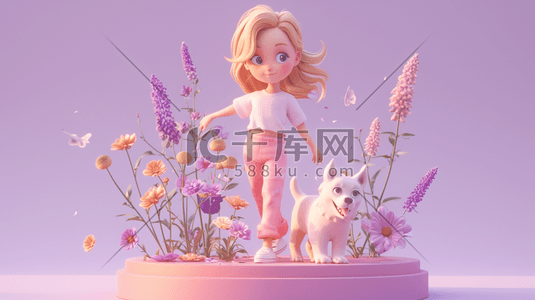 紫砂摆件插画图片_粉色可爱女孩立体人物摆件的插画