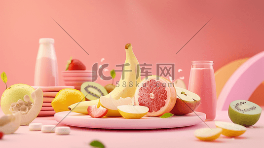 新鲜的芭蕉叶插画图片_粉红底色上的夏日新鲜蔬果插画