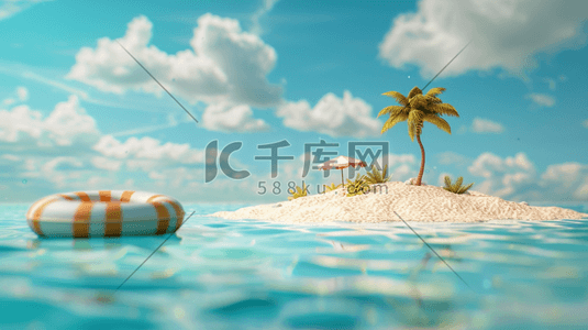清新清澈海里岛屿树木泳圈的插画