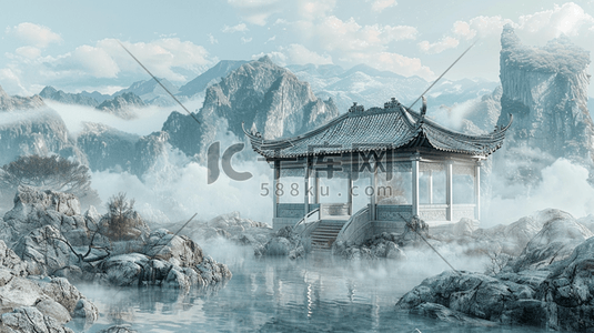 中式唯美国画风景景区风光建筑亭子的插画