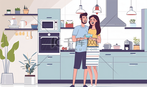 厨房女性插画图片_快乐的丈夫在家里照顾妻子