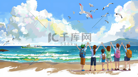 年会合影牌插画图片_毕业季海边合影插画1