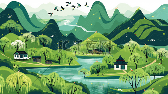 春季春季插画图片_春季青山绿水旁的村庄插画
