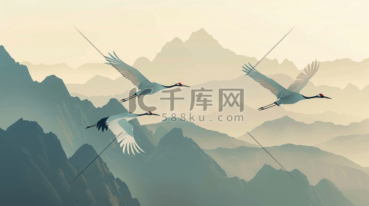 绘画文艺中式国画山景仙鹤飞翔的插画