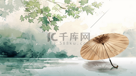 树艺术插画图片_绘画中式国画国风树下雨伞的插画