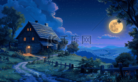 夜景在有月亮和星星的村庄