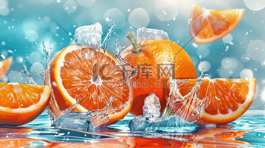 冰块和水插画图片_夏日新鲜香橙和冰块插画