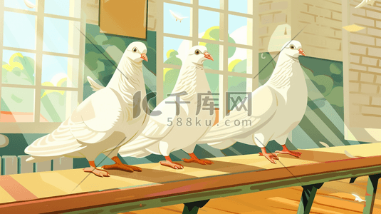 白色桌面插画图片_手绘绘画室内白色信鸽的插画