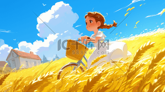 户外蓝天白云下黄色麦田女孩开心骑车的插画