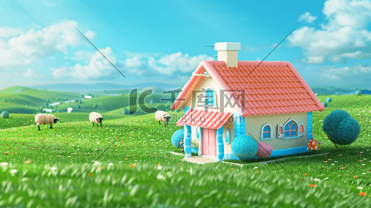 奖杯一座插画图片_3D蓝天下草原上的一座小房子插画