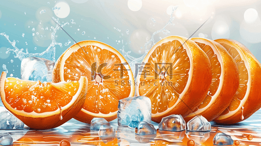 赣南脐橙主图插画图片_夏日新鲜香橙和冰块插画