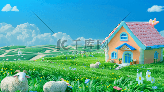 3D蓝天下草原上的一座小房子插画