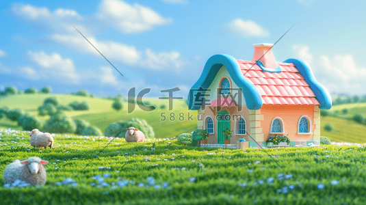 守护一座城插画图片_3D蓝天下草原上的一座小房子插画