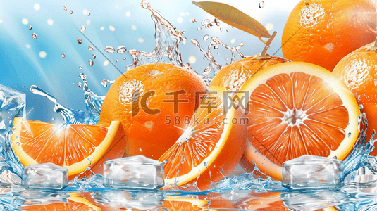 夏日新鲜香橙和冰块插画
